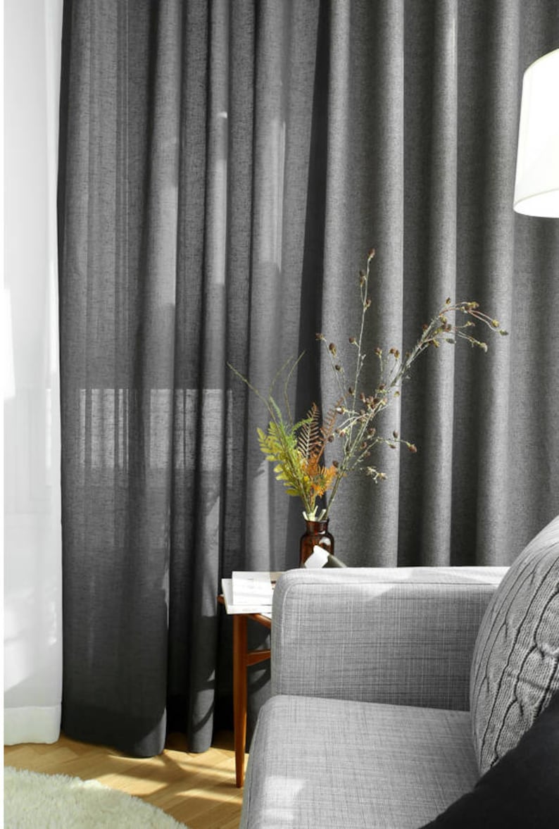Grey Sheer Curtains Voile Sheers Voile Drapery Curtains Dark Gray Linen Look Sheer Curtains Window Sheers Linen Sheers Custom Curtains