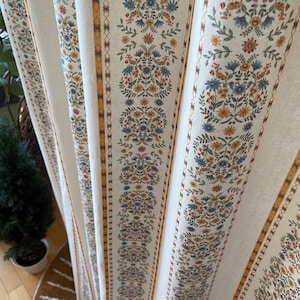 Floral Striped Linen Curtains Ivory Background Elegant Curtain Panel French Country Wildflower Pattern Living Room Bedroom Drapes Set of 2