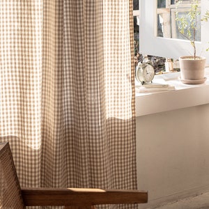 Set of 2 Gingham Curtains Brown Farmhouse Buffalo Checkered Curtains Plaid Drapes Cotton Curtain Panels Natural Linen Check Curtains image 8