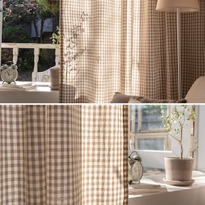 Set of 2 Gingham Curtains Brown Farmhouse Buffalo Checkered Curtains Plaid Drapes Cotton Curtain Panels Natural Linen Check Curtains image 7