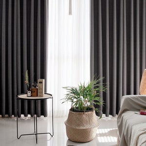 Set of 2 Charcoal Brown Minimalist Blackout Curtains Linen Look Grey Blackout Curtains Bedroom Insulating Room Darkening Mid Century Modern