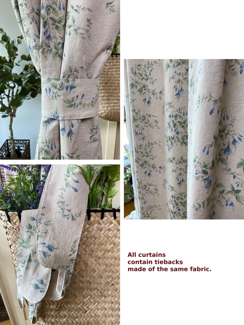 Set of 2 Natural Botanical Linen Curtain Garden Plants Drapes Natural Linen French Country Curtains Custom Linen Drapes Kitchen Cafe Valance image 9