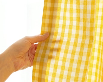 Cortinas de lino a cuadros vichy amarillos estilo granja, estilo búfalo, paneles de algodón estilo cabaña, para habitación infantil, dormitorio, cocina, cafetería, juego de 2 cenefas