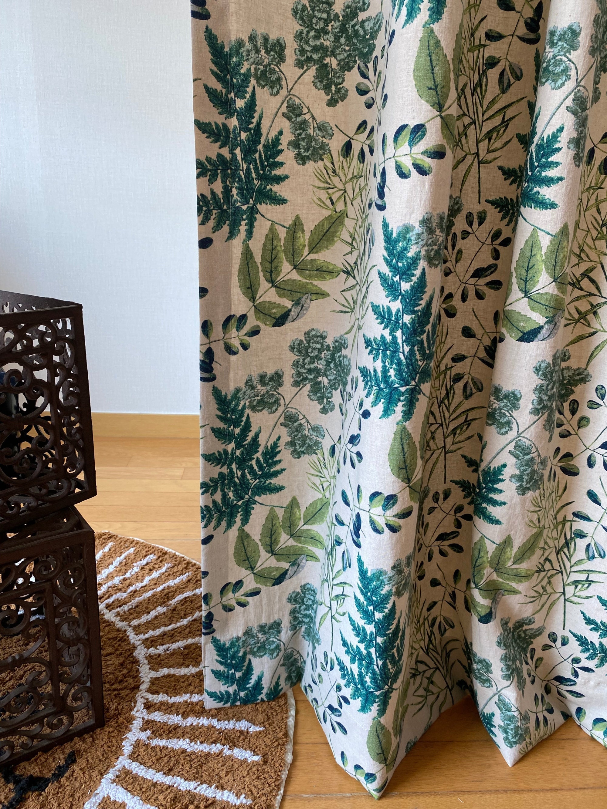 Set of 2 Green Botanical Linen Curtains French Country Drapes Softened Linen Retro Boho Curtain Panel Custom Curtains Living Room Drapery