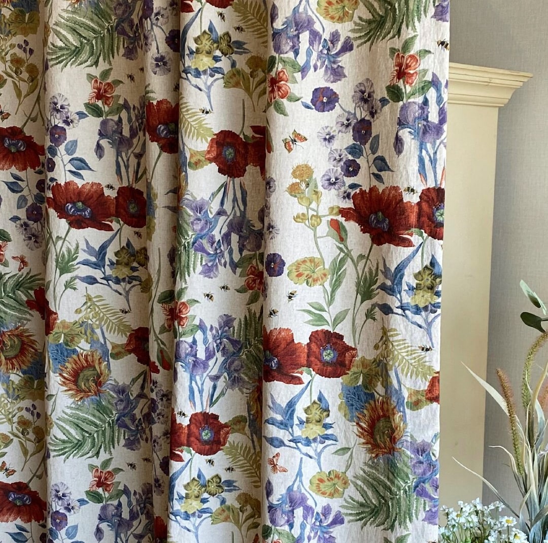 Set of 2 Washed Linen Curtains Watercolor Poppies Curtains Botanical ...