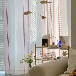 Ivory White Linen Curtains French Modern Cottage Vertical Red Stripes Curtain Panel Natural Rustic Custom Drapery Bed Room Drapes Set of 2