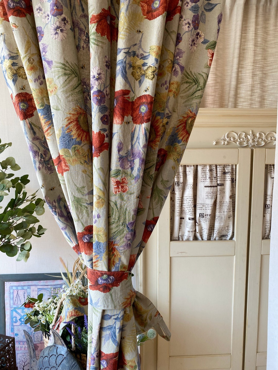 Set of 2 Washed Linen Curtains Watercolor Poppies Curtain Sage Green