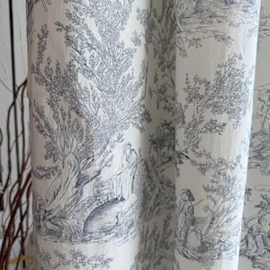 White Linen Vintage French Toile Linen Curtain Pastoral Countryside Scene Elegant Drapery Shabby Chic Farmhouse Decor Toile de Jouy Pattern