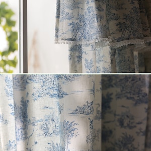 Set of 2 Blue Toile Farmhouse Linen Curtain Bohemian Frill - Etsy