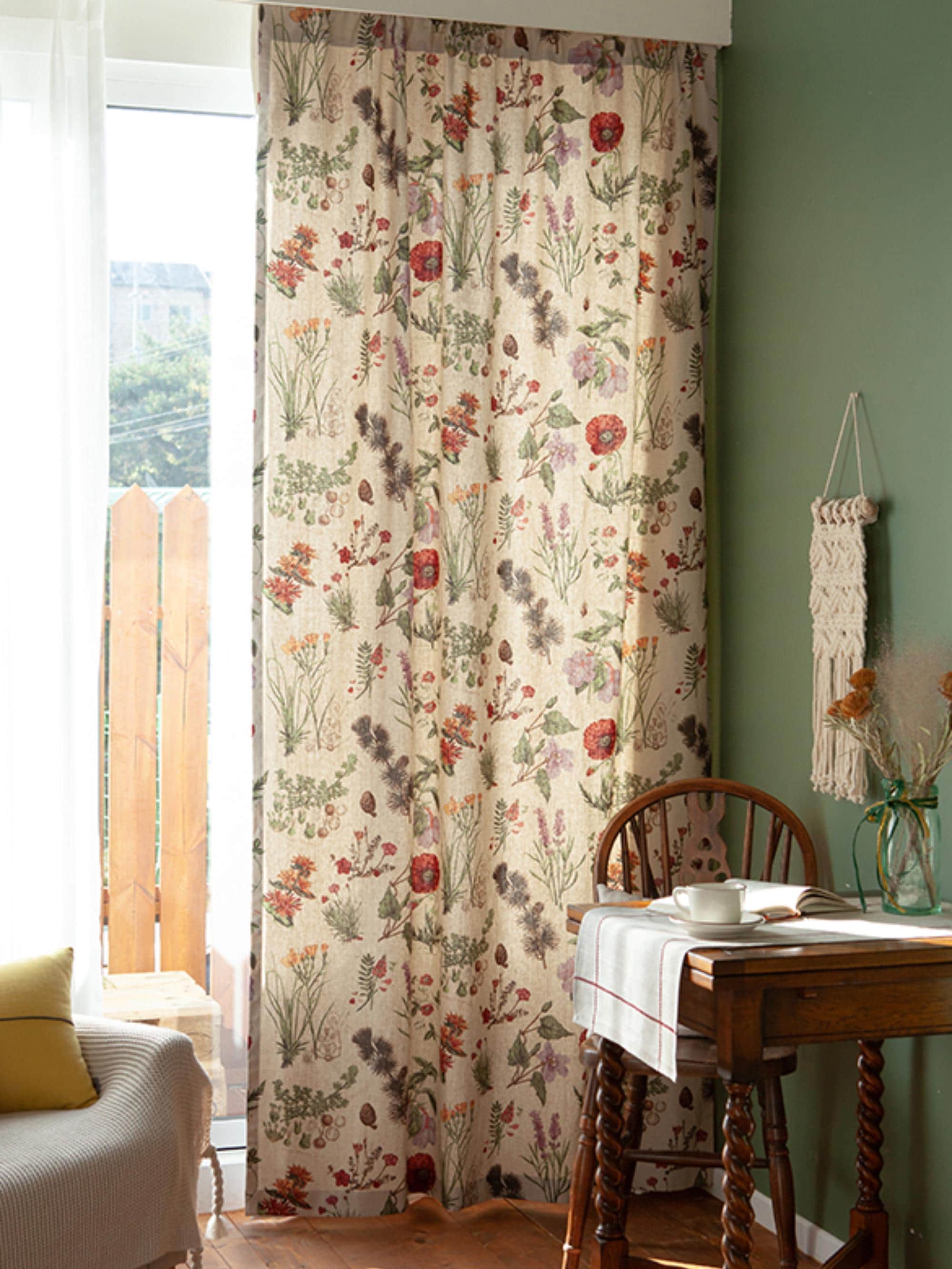Romantic Floral Linen Curtains Large Flower Retro Pattern Drapes Custom Curtain Panels Living Room Bedroom Kitchen Cafe Valances Set of 2