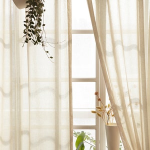 Set of 2 Ash Beige Linen Look Sheer Curtains, Voile Drapery Curtains, Window Sheers, Grey Sheer Curtains, Linen Sheers Custom Curtains Voile