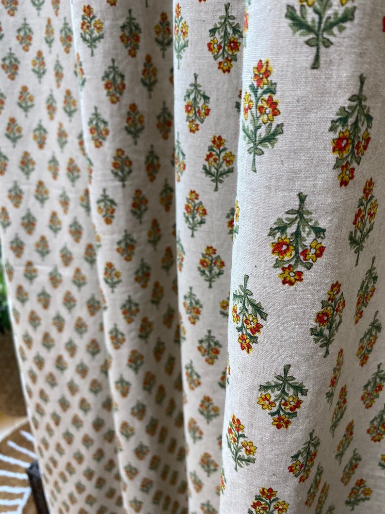 Set of 2 Natural Linen Curtains Farmhouse Linen Drapes Retro Floral Curtain Panel Cute French Country Flower Drapes Kitchen Cafe Valance image 1