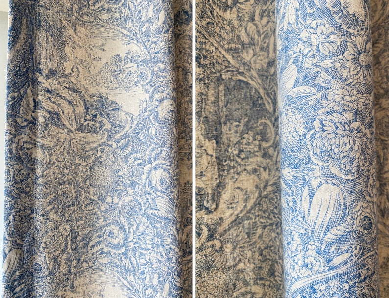 Set of 2 French Beige Blue Toile Linen Curtains Farmhouse Linen Drapes Floral Curtain Panel Long Bay Window Bespoke Living Room Curtains image 3