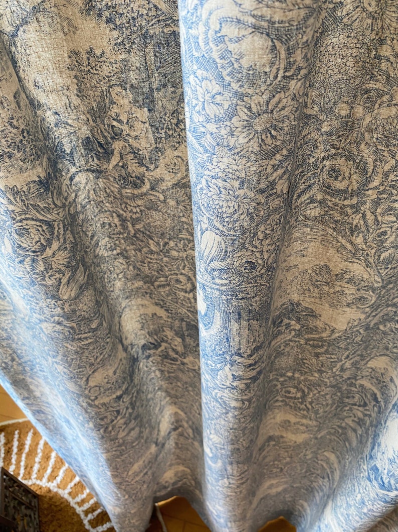 Set of 2 French Beige Blue Toile Linen Curtains Farmhouse Linen Drapes Floral Curtain Panel Long Bay Window Bespoke Living Room Curtains image 1