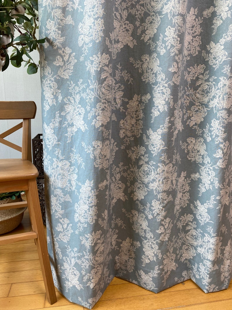 Set of 2 Dusty Blue Farmhouse Linen Curtains Botanical Wildflower Curtain Panel French Country Flower Pattern Drapes Kitchen Cafe Valance image 2
