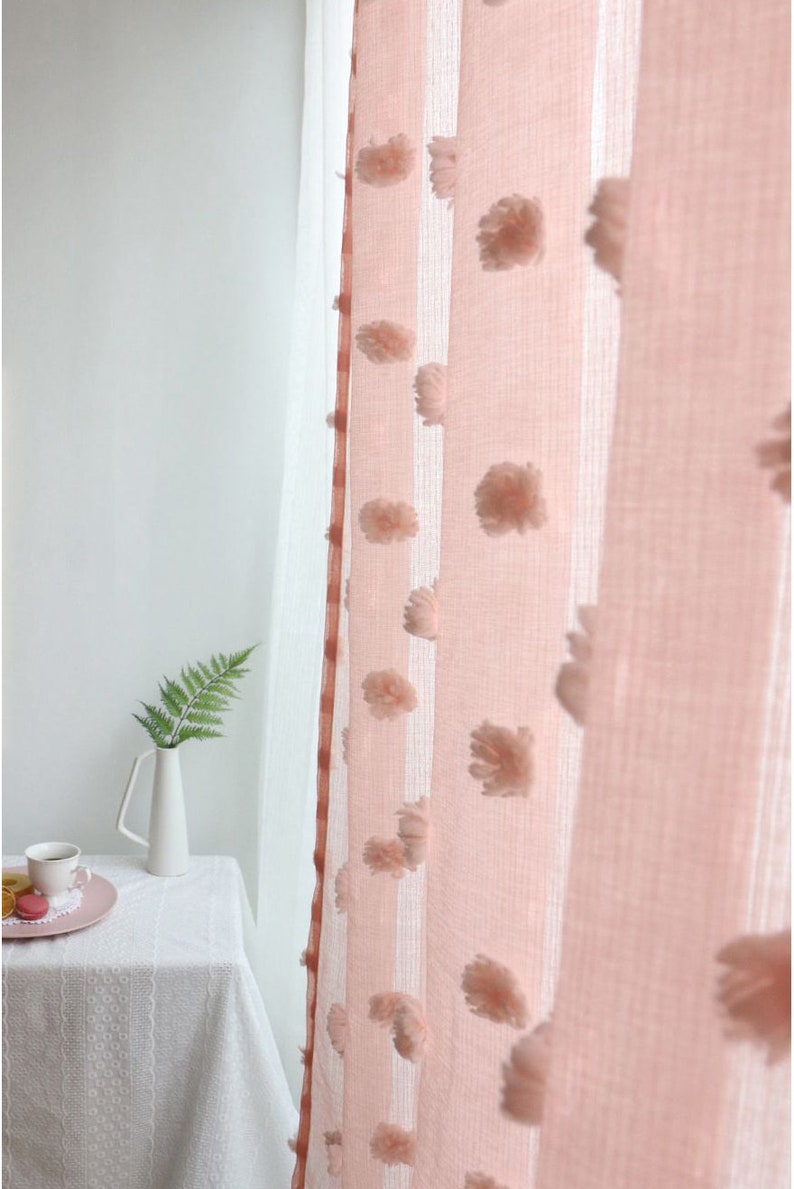 Pair of Embroidered with Pom Pom Pink Sheer Curtains Kids Etsy