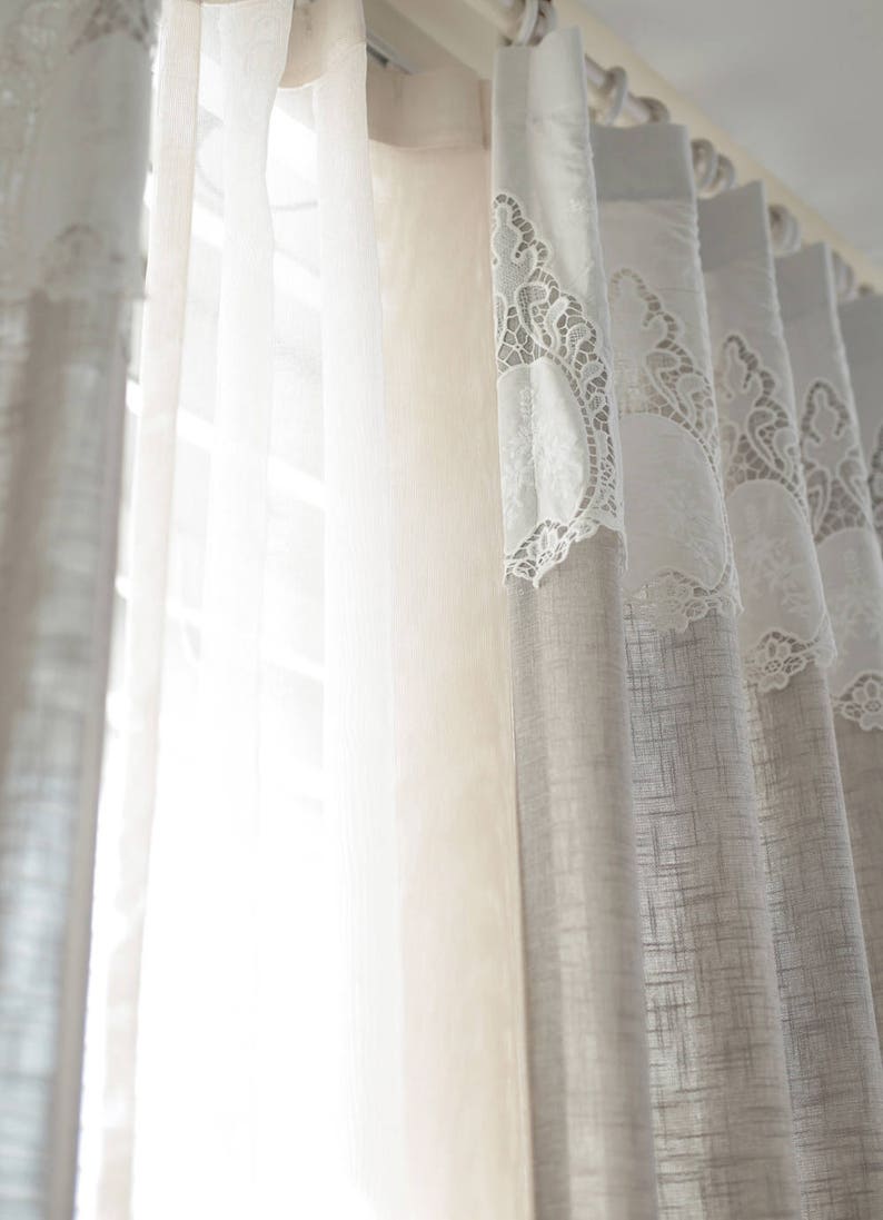 Pair Beautiful Linen French Drapes With French Lace Wedding Etsy