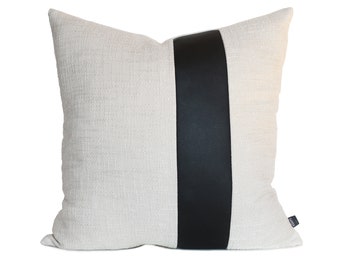 Thick Tweed Farmhouse Throw Pillow Cover Ivory Black Color Block Decorative Linen Faux Leather Ticking Stripe Modern Minimalist Pillowcase