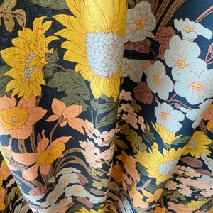 Linen Curtains Sunflower Floral Drapes Navy Background Window Panels Cottage House Big Flower Pattern Drapes Living Room Bedroom Set of 2