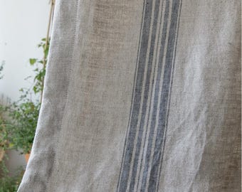 100% Linen Curtains Heavy Weight Blue Striped Rustic Grain Sack Softened European French Style Drapes Living Room Bedroom Drapery Set of 2