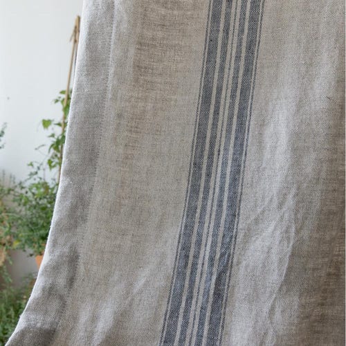 Cortinas 100 % lino, pesadas, de rayas azules, rústicas, de saco de grano, suavizadas, estilo francés europeo, para sala de estar, dormitorio, juego de 2