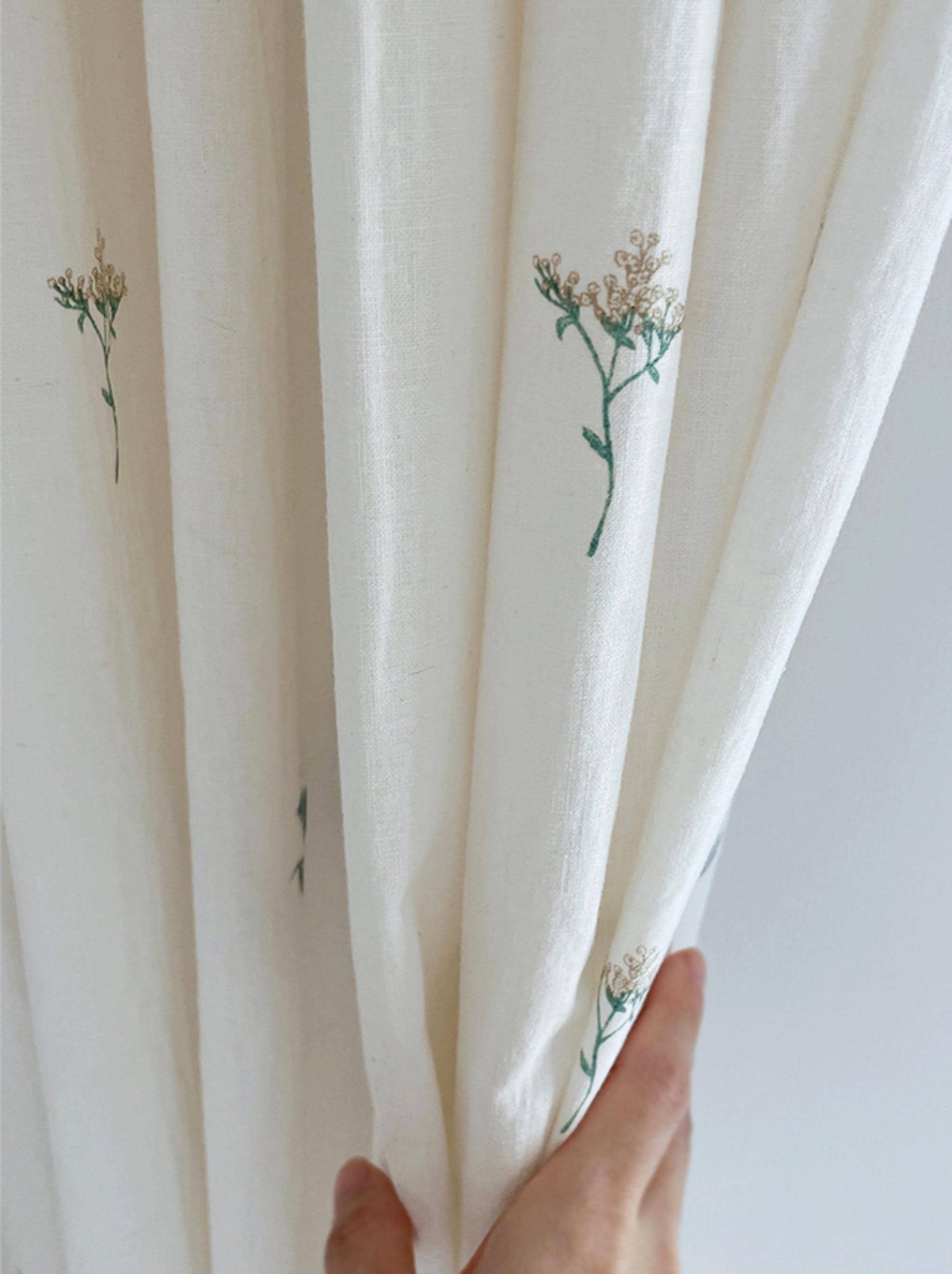 Minimalist Floral White Linen Curtains Cottage Drapes Retro Boho Curtain Panel Custom Drapery Living Room Dining Cafe Valances Set of 2