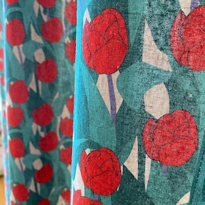 Linen Curtains Red Tulip Floral Linen Drapes Green Leaves Curtain Panel French Country Flower Pattern Drapes Living Room Bedroom Set of 2