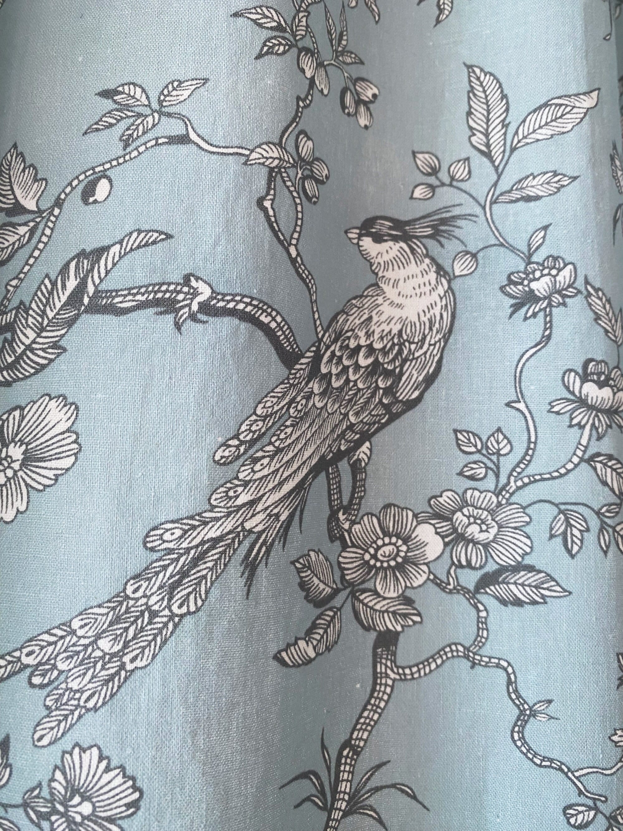 Light Blue Linen Curtains Birds Botanical Print Toile Farmhouse Drapes French Country Panel Cottage Core Decor Bay Window Bespoke Set of 2