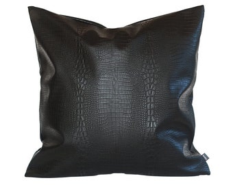 Black Crocodile Thick & Soft Faux Leather Pillow Cover Decorative Throw Pillow Case Black Leather Cushion Cover Alligator Waterproof Pillows