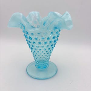 Vintage Fenton Light Blue Opalescent Hobnail Vase Ruffled Edge 5.5" Pre 70s