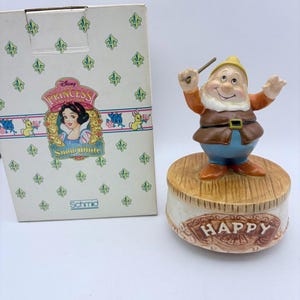 Vintage Walt Disney Snow White and 7 Dwarfs Music Box Schmid HAPPY Plays and Spins