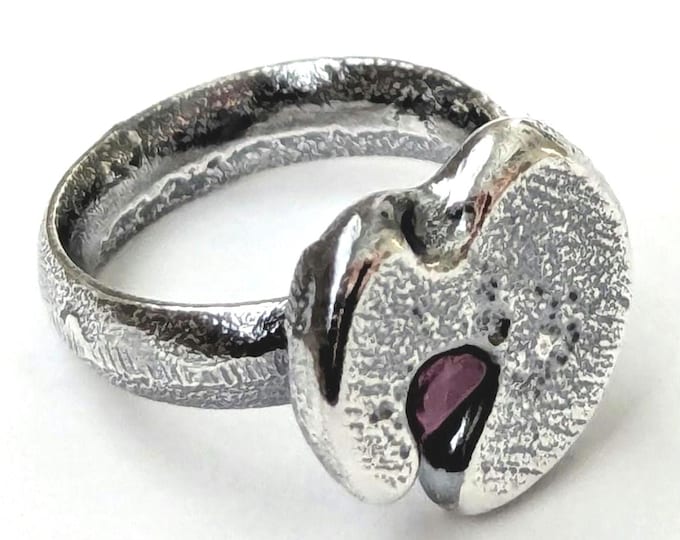 Sandcast Sterling Silver Ring: Raw Ruby Brutalist Unisex Jewelry, US size 6.5