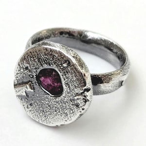 Sandcast Sterling Silver Ruby Ring: Brutalist Unisex Jewelry, US Size 7.75