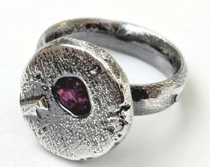 Sandcast Sterling Silver Ruby Ring: Brutalist Unisex Jewelry, US Size 7.75
