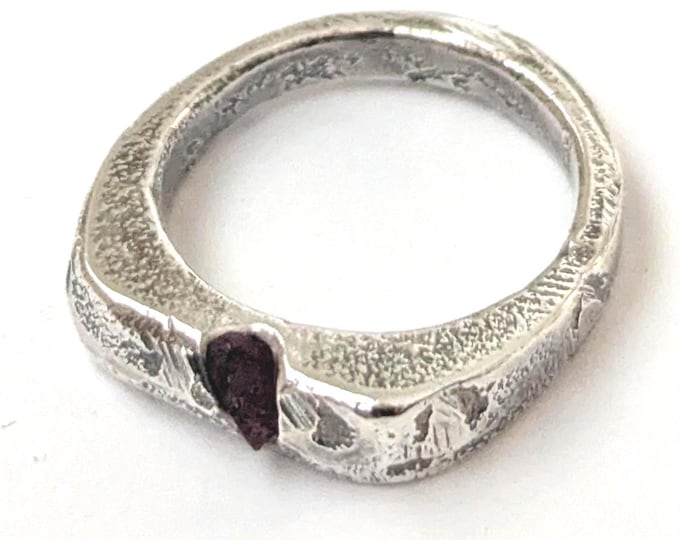Raw Ruby Sandcast Sterling Silver Signet Ring: Organic Texture Ban, US Size 6.75