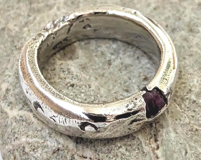 Raw Ruby Sterling Silver Ring: Sandcast Domed Band, Unisex, US Size 6.5