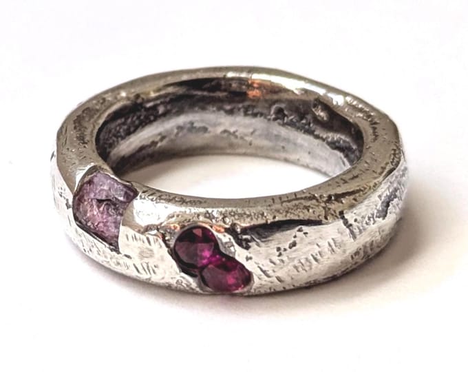 Sandcast Sterling Silver Ruby Ring: Unisex Domed Band, US Size 6