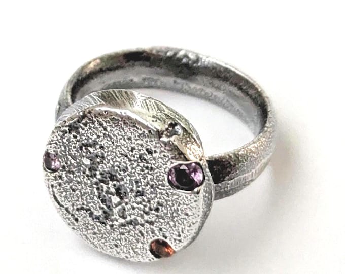 Sandcast Sterling Silver Ring: Alexandrite & Sapphire,  Modern Jewellery, US Size 7