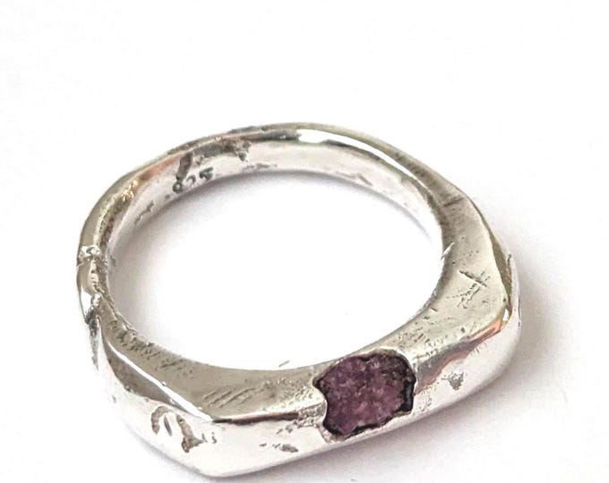 Raw Ruby Sandcast Silver Signet Ring: Brutalist Textured Band, US size 10