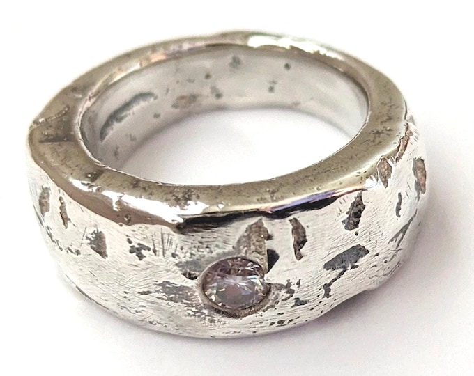 Sandcast Sterling Silver Moissanite Ring: Chunky Unisex Design, Size US 6.5