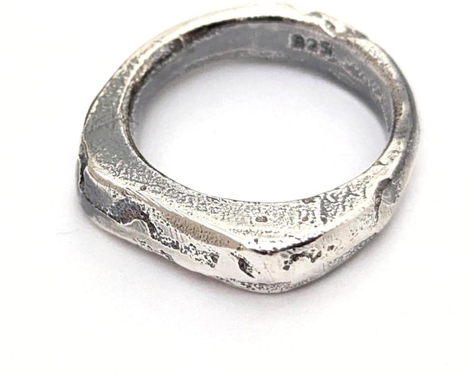 Brutalist Sandcast Sterling Silver Ring: Rustic Unisex Band, size US 6.5