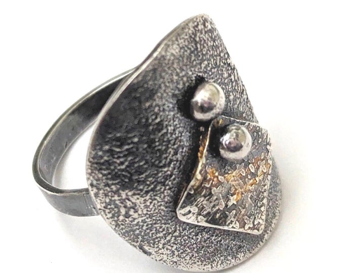 Distressed Sterling Silver Shield Ring: Blackened Industrial Gold Accent, US size 10.5