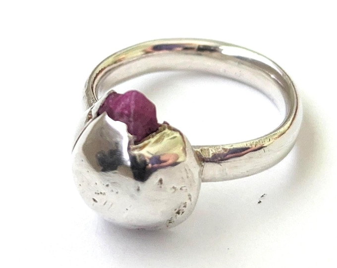 Raw Ruby Sterling Silver Ring: Brutalist Viking Style, Modern Artistic Style, US Size  7.5