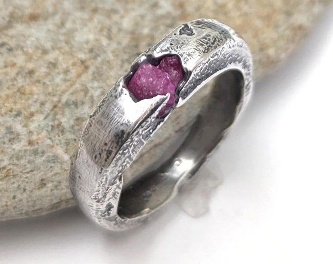 silver ruby ring; sandcast thin signet, raw gemstone, made to order, unisex design
