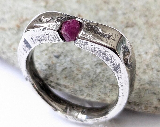 sandcast raw ruby ring, signet ring, wedding band, engagement ring, unisex style, rustic organic ring, molten metal, size M 1/2
