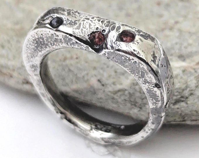 Sandcast sapphire ring, brutalist signet  style, wedding ring, anniversary gift, rustic look, unisex style, size R