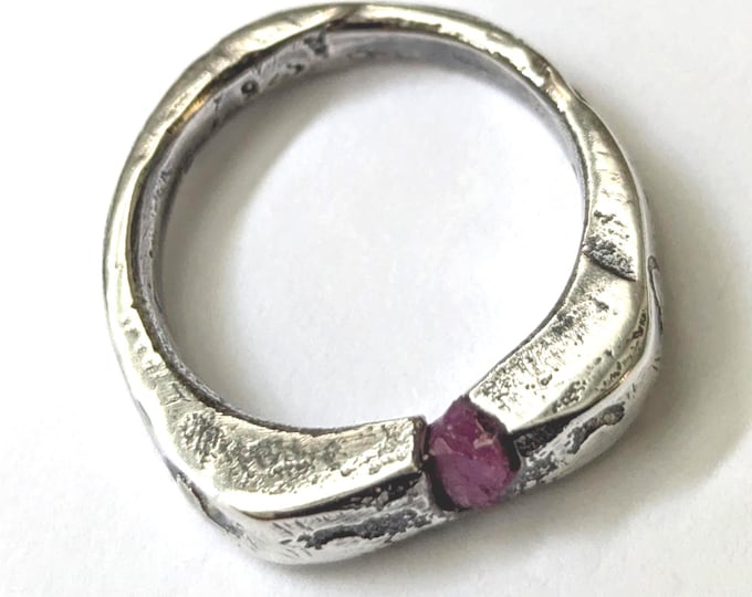 Sandcast Raw Ruby Signet Ring: Rustic Sterling Silver Band, Unisex Style, Size US 6.75