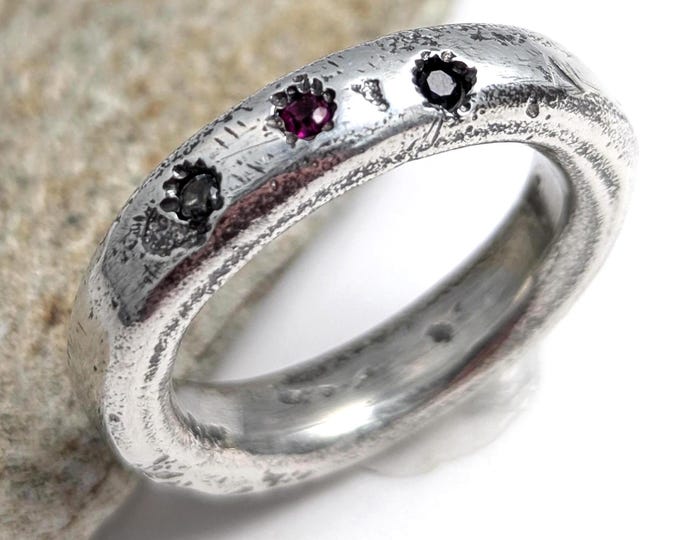 Sandcast Silver Domed Ring: Sapphire, Ruby, Tourmaline - Unisex Style, US Size 9