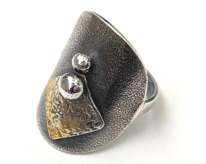 Blackened Sterling Silver Shield Ring: Brutalist Gothic Style, Size M