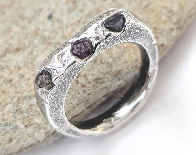 Sandcast Sterling Silver Signet Ring: Raw Sapphire Unisex Band,  US size 9